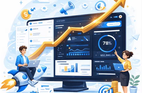 GoHighLevel customization illustration showing a personalized CRM interface with analytics charts, growth graph, and professionals optimizing performance and business metrics