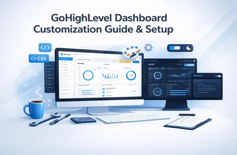GoHighLevel dashboard customization with light and dark mode interface, custom CSS elements, widgets, and a modern workspace setup